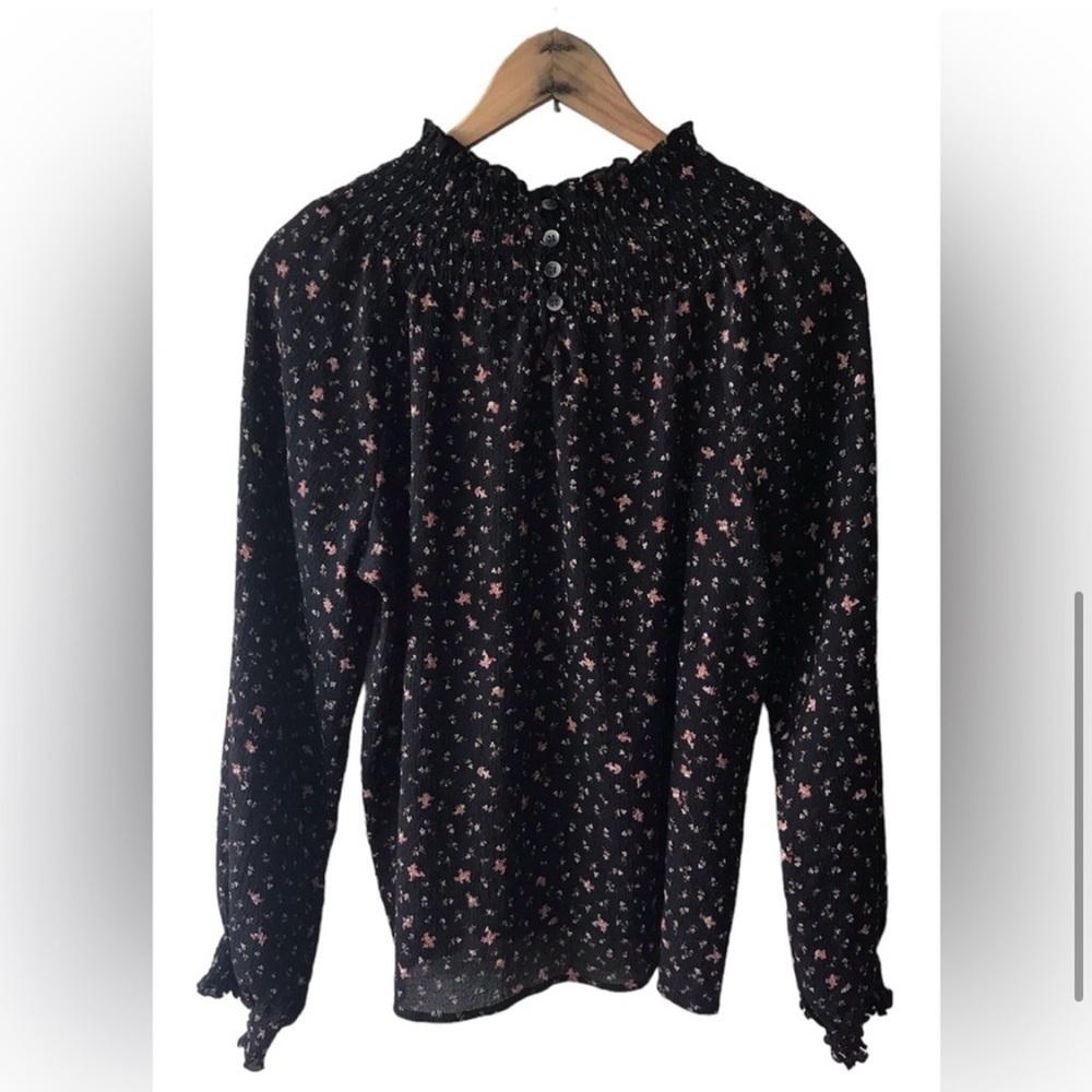 Madewell | Women’s black floral smocked mock neck/sleeve hem shirt size L - Picture 5 of 16